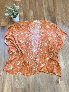 Knox Rose Orange Floral Kimono Cardigan with Tassels